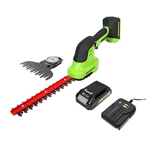 Greenworks G24SHTK2 2-in-1 Strauch- und Grasschere - Heckenschere und Grasschneider in einem, ideal für kleine Gärten. Mit leistungsstarkem 24 V Akku, 2800 Schnitten pro Minute und hochwertigen Doppelklingen für präzise Schnitte.