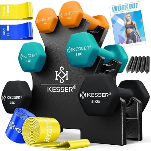 KESSER® Hantel-Set 3 Paar – 1kg bis 5kg mit Ständer - Hanteln & Gewichte: Das KESSER Hantel-Set bietet ergonomische Griffe, rutschfeste Neopren-Oberfläche und ein platzsparendes Design mit Fitnessbändern und Übungsheft – perfekt für dein individuelles Training.