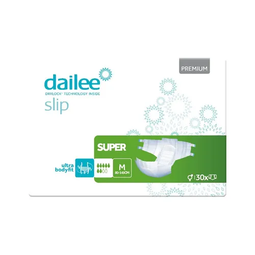 Dailee Slip Premium Super M, 30 Stück - Inkontinenzhilfen mit atmungsaktivem Material für hohen Tragekomfort und Hautschutz. Ideal für schwerere Inkontinenz, bietet sicheren Rundumschutz und einen praktischen Nässeindikator.