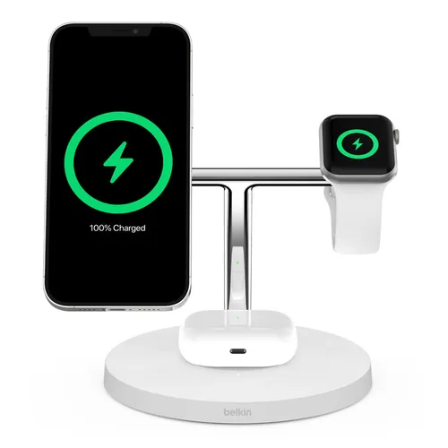 BELKIN BoostCharge Pro 3-in-1-Ladegerät mit MagSafe - Ladegeräte & Dockingstationen, kabelloses 3-in-1-Laden für iPhones, AirPods und Apple Watch – ideal für Schreibtisch und einfaches Laden mit Magnet.
