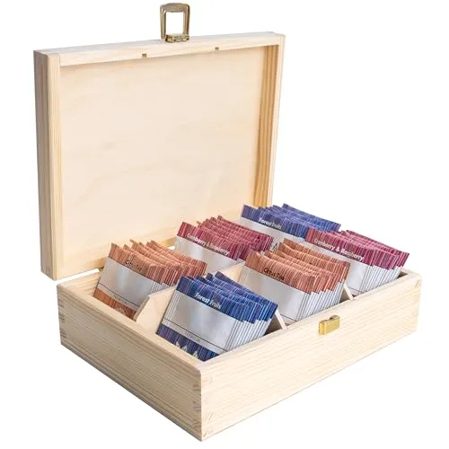 Creative Deco Teebox Holz aus Natürliches Kiefernholz | 21 x 16 x 7 cm (+/- 0,5 cm) | Teekiste mit 6 Fächer und Deckel | Tee-Organizer | Perfekte für Decoupage, Dekoration Lagerung der Teebeutel