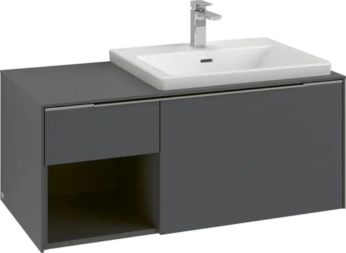 Villeroy & Boch Subway 3.0 Waschbeckenunterschrank C57101 - Wandhängender Waschbeckenunterschrank mit 2 Auszügen, praktischem Regalelement links und eleganter Eiche-Optik für stilvolle Badezimmergestaltung.