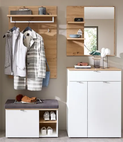 Garderoben-Set >Bari< (4-teilig) – Elegante Schuhbank, Schrank und Spiegel - Das Garderoben-Set "Bari" (158x200x38 cm) vereint Schuhbank, Paneel, Schuhschrank und Spiegel in einem modernen Design. Ideal für Flure, bietet es optimalen Stauraum und vereinfacht die Organisation.