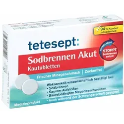 Tetesept Sodbrennen Akut Kautabletten - Arzneimittel gegen Sodbrennen, schnell wirksam mit 750mg säureaktiven Wirkstoffen. Zuckerfrei und mit frischem Minzgeschmack, ideal für unterwegs.