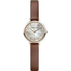 Bering Damen Uhr Armbanduhr Classic - 11022-564 Leder - Elegante Armbanduhr aus Edelstahl mit rosegoldfarbener Polierung und braunem Lederarmband, wasserdicht bis 30 m – ideal für stilbewusste Frauen.