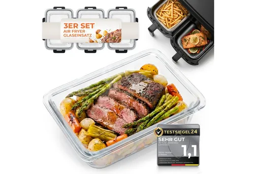 Lemontree Glasbehälter für Airfryer – 3er Set - Ersatzteile & Zubehör für Heißluftfritteuse, hitzebeständig bis 300°C, BPA-frei und spülmaschinenfest – perfekt für Meal Prep und Lebensmittelaufbewahrung.