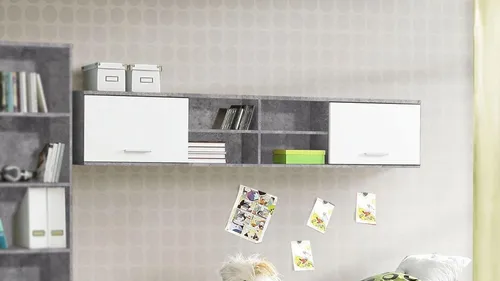 FORTE Lupo Wandregal mit 2 Türen - Stylisches Wandregal in Betonoptik Grau mit Weiß, bietet 4 Fächer für optimalen Stauraum und passt perfekt in jedes moderne Wohnambiente.