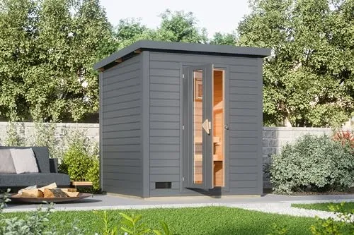 Karibu Saunahaus Melo 2 - 38mm Ofen 9 kW, Terragrau, Made in Germany - Saunahäuser aus nordischem Fichtenholz, ideal für Entspannung im Garten. Inklusive 9 kW Ofen und einfacher Montage, bringt finnische Tradition direkt zu Ihnen nach Hause.