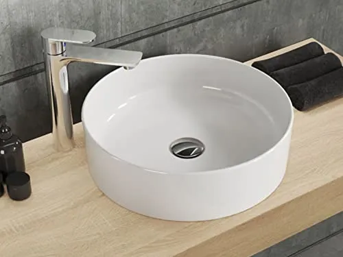 Aqua Bagno Aufsatzwaschbecken 40 cm - Rund, Weiß, Freistehend - Waschbecken: Elegantes, freistehendes Design ohne Überlauf und Hahnlochbohrung für maximale Flexibilität. Hergestellt aus hochwertiger Keramik, leicht zu pflegen und ideal für eine luxuriöse Badezimmergestaltung.