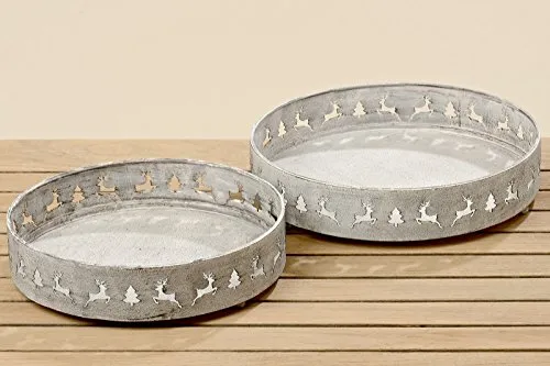 BOLTZE Tablett Dekotablett Waldi Eisen beige Hirsch und Baum 2er Set