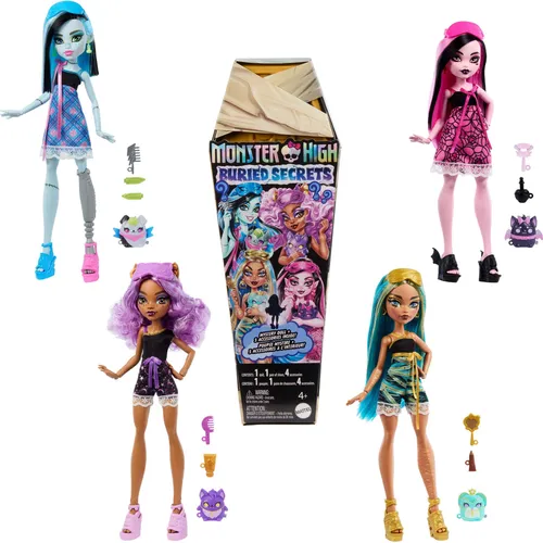 Monster High Buried-Secrets-Puppe im Cozy-Creepover-Thema - Entdecke die geheimnisvollen Buried Secrets mit dieser Monster High Puppe! Enthält 5 Überraschungs-Accessoires für schaurig-coole Cozy-Creepover-Geschichten. Ideal für Kinder ab 4 Jahren!