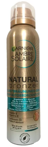 Garnier Ambre Solaire Natural Bronzer Selbstbräuner Spray 150 ml - Selbstbräuner für Gesicht und Körper mit pflegendem Aprikosen-Öl für eine natürliche, langanhaltende Bräune ohne Sonnenbad, ideal für trockene Haut.