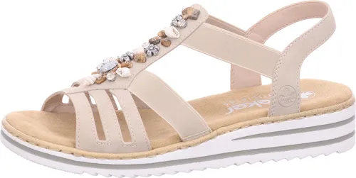 Rieker Damen Sandalen V0649-62 - Wanderschuhe mit schickem Design und hohem Tragekomfort. Die Rieker Sandalen in Beige bieten elastische Gummizüge für einfachen Einstieg und eine schockabsorbierende Sohle für angenehmes Gehen, ideal für lange Tage.