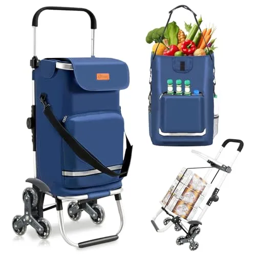 Sekey Faltbarer Einkaufstrolley mit Treppensteiger, Klappbarer Einkaufswagen für Stadtbewohner, Hackenporsche mit 3 Rädern, 3-in-1 Trolley, Sackkarre & Umhängetasche, Blau