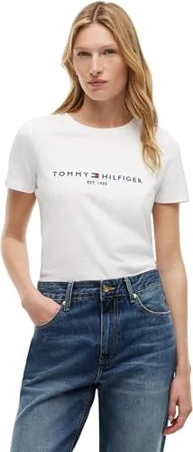 Tommy Hilfiger Damen T-Shirt Kurzarm Heritage - Weiß, M - T-Shirts für Damen, aus 100% Bio-Baumwolle für höchsten Tragekomfort, ideal für lässige Freizeitlooks mit dem ikonischen Tommy Hilfiger Logo.