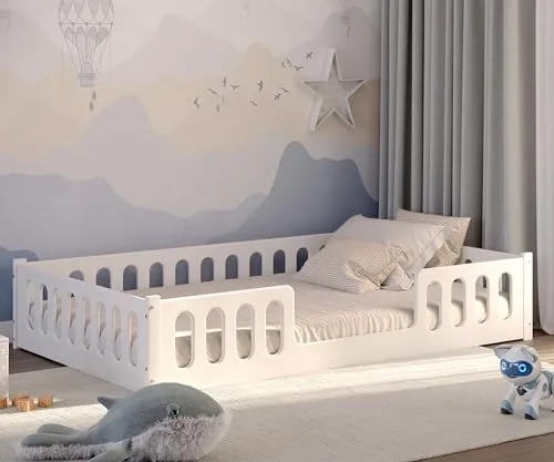CADANI 2in1 Monte Bodenbett 120x200 cm - Kleinkindbett mit abnehmbarem Rausfallschutz, robust aus Massivholz, bis 200 kg belastbar und fördert die Selbstständigkeit nach Montessori-Prinzipien.