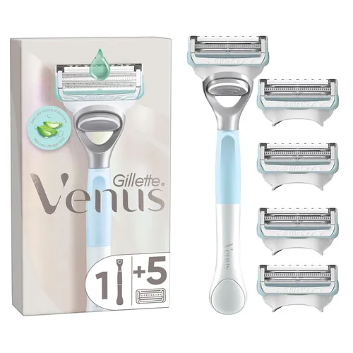 Gillette Venus For Pubic Hair&Skin Rasierer mit 5 Ersatzklingen - KLINGEN DAMEN, mit anpassbarem Rasierkopf und Feuchtband für eine sanfte, gründliche Rasur ohne Hautirritationen – ideal für die Bikinizone.