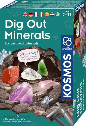KOSMOS 617202 Mineralien Ausgrabungs-Set, Grabe echte Mineralien selbst aus, mit Hammer und Meißel, 5 faszinierende Schmucksteine, Experimentierset für Kinder ab 7 Jahre, Mehrsprachig