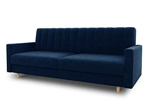 Schlafsofa Sara - Dunkelblau mit Schlaffunktion und Bettkasten - Sofas & Couches mit hochelastischem Schaumstoff und Wellenfeder für optimalen Komfort. Ideal für Gästeübernachtungen und stilvolles Wohnen im Scandinavian Design.