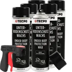 TECPO Unterbodenschutz überlackierbar schwarz, 500 ml - 6x TECPO Unterbodenschutz schwarz, ideal für den Rostschutz. Bildet eine witterungsbeständige Schutzschicht, die nicht mit Kunststoffen und Lacken reagiert. Inklusive Sprühpistole für präzises Auftragen.