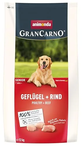 animonda GranCarno Senior Hundefutter getreidefrei Geflügel + Rind (12 kg) - Ideal für ältere Hunde ab 7 Jahren: Hochwertiges Trockenfutter mit frischem Geflügel und Rind. Getreidefrei für hohe Bekömmlichkeit und optimalen Genuss. Perfekt für artgerechte Ernährung und Mischfütterung.