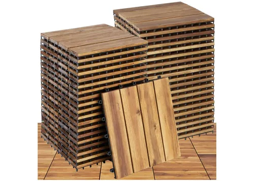 tectake® Holzfliesen - 40er Set wetterfeste Balkon- & Terrassenfliesen - Terrassen- & Balkonfliesen mit cleverem Klicksystem für einfache Montage. Stilvolle Akazienholzfliesen, langlebig und pflegeleicht, ideal für kreative Gestaltung und angenehmes Fußgefühl.