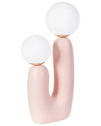 Beliani Tischlampe Harz pastell rosa 2-flammig 40 cm modern Tulun - Moderne Tischlampe in pastellrosa mit 2 Glasschirmen und einzigartigem U-förmigen Fuß aus Harz. Ideal für stilvolle Akzente in Wohnräumen. Einfach auspacken, Leuchtmittel einsetzen und genießen!