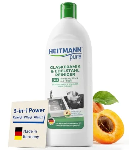 HEITMANN pure Glaskeramik- und Edelstahlreiniger 250 ml - Der HEITMANN pure Reiniger sorgt für strahlenden Glanz und entfernt mühelos Fett und Schmutz. Ideal für Glaskeramik, Edelstahl und empfindliche Oberflächen – für langanhaltende Sauberkeit ohne Kratzer.