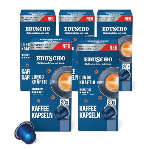 Tchibo Eduscho Vorratsbox Lungo Kräftig Kaffeekapseln, 100 Stück - Genieße aromatischen und vollmundigen Kaffee mit der Lungo Kräftig Sorte. Die luftdicht versiegelten Kaffeekapseln sind kompatibel mit Nespresso-Maschinen und bieten zahlreiche Genussmomente.