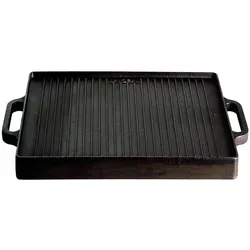 Gusseisen Plancha Grillplatte mit 2 Griffen - 32 x 32 cm - Grillzubehör: Vielseitige Wendeplatte mit glatter und geriffelter Seite für perfekte Zubereitung von Fleisch, Fisch und Gemüse. Sofort einsatzbereit dank vorbehandelter Oberfläche und optimaler Wärmeverteilung.