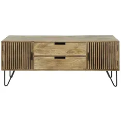 TV-Board Tamil aus massivem Mangoholz, modernes Lamellen Design, 135 cm - Stilvolles TV-Board aus massivem Mangoholz mit einzigartigem Lamellen-Design. Praktische Schubladen und Fächer bieten viel Stauraum und bringen Wärme in Dein Wohnzimmer. Hochwertige Verarbeitung für langlebigen Genuss.