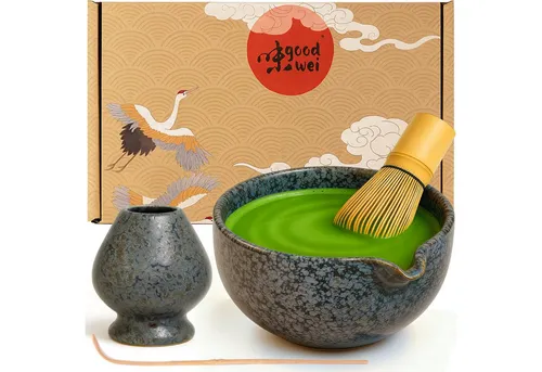 Goodwei Matcha Latte Set aus Keramik – Traditionelles Tee Set für cremigen Genuss - 🍵 Ideal für cremigen Matcha Latte & Teegenuss – Handgefertigte Matchaschale mit Ausgießer für tropffreies Umfüllen. 🎋 Inklusive hochwertigem Matchabesen aus Bambus für perfekten Schaum und präzisem Bambuslöffel zur genauen Dosierung.