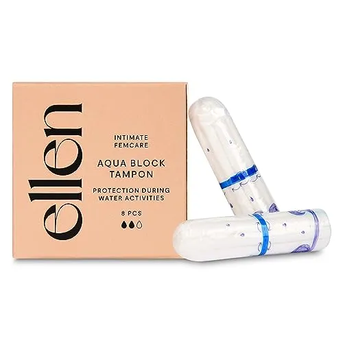 ellen® Aqua Block Tampon – Bade- und Schwimmtampons mit wasserdichter Barriere – 8 Stück - Zuverlässiger Schutz beim Schwimmen! Die ellen Aqua Block Tampons bieten eine spezielle Barriere gegen Wasser und sorgen für ein sicheres Gefühl während der Menstruation – ideal für unbeschwertes Schwimmen.