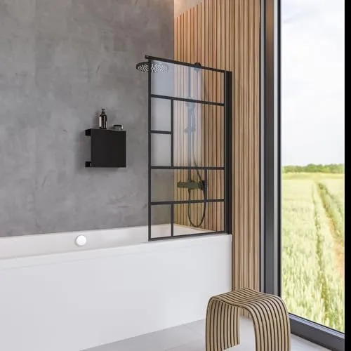 Schulte Badewannenfaltwand Black Style Atelier 1 - Duschwand aus 5 mm Sicherheitsglas, pendelbar und beidseitig montierbar, ideal für moderne Badezimmer mit mattschwarzem Profil.