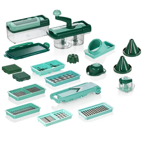 Genius Nicer Dicer Fusion Gemüseschneider - Gemüseschneider mit 28 Teilen – vielseitig, platzsparend und ideal zum Zerkleinern von Obst und Gemüse in verschiedenen Formen. Perfekt für kreative Küchenideen!
