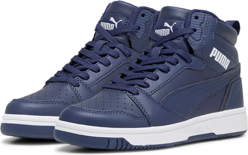 PUMA Rebound V6 Mid WTR Jr Sneaker - Starkes Grau, Marineblau, Weiß, 38 EU - Sneaker für Jungen mit robustem Kunstleder-Obermaterial und praktischem Klettverschluss für optimalen Halt und einfaches Anziehen.