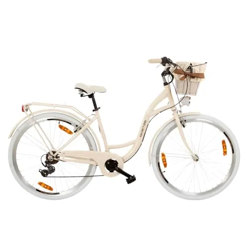 Goetze Mood 28 Zoll Damen Citybike – Komfortabel & Praktisch - Damen Citybike mit 18 Zoll Rahmen, 7-Gang Kettenschaltung und LED-Beleuchtung. Ideal für Stadtverkehr, bietet hohen Komfort und praktischen Rattankorb für Einkäufe.