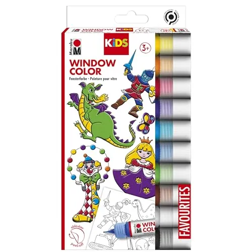 Marabu Kids Window Color Set - Kreativset mit 10 Farben - Kreativset für Kinder ab 3 Jahren mit 10 wasserbasierten Fenstermalfarben, abziehbar von Glas und Fliesen. Inkl. Malvorlage mit 18 Motiven für kreativen Bastelspaß!