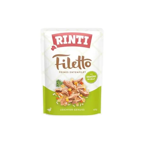 RINTI Filetto Nassfutter für Hunde – 24x100g Ente + Gemüse - Leicht verdauliches Nassfutter in Jelly für ausgewachsene Hunde. Zarte Filetstückchen aus hochwertigem Entenfleisch fördern eine gesunde Verdauung und sind ohne Farb- und Konservierungsstoffe.