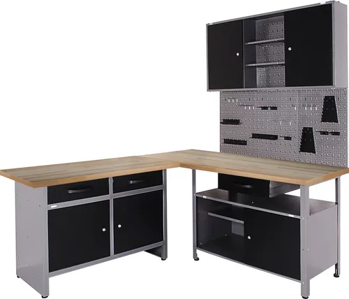 ONDIS24 Werkstatt-Set Basic One - Werkstatt-Set mit 2 Werkbänken, Werkstattschrank und 3 Lochwänden, ideal für Hobbyhandwerker. Hohe Belastbarkeit von 990 kg und abschließbar für optimale Sicherheit.