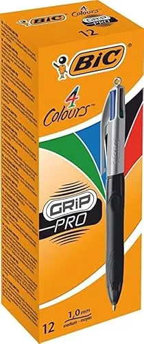 BIC 4 Farben Kugelschreiber Set 4 Colours Grip Pro - 12er Pack, mit gummierter Griff-Fläche für komfortables Schreiben und dokumentenechter Tinte