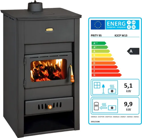 Prity K2 CP W13 Wasserführender Kaminofen - 5.1 + 9.9 Kw - Kaminöfen mit EEK A, ideal für effiziente Wärmeversorgung und Warmwasserbereitung, Nennheizleistung von 15 kW und hoher Wirkungsgrad von 79.6%.