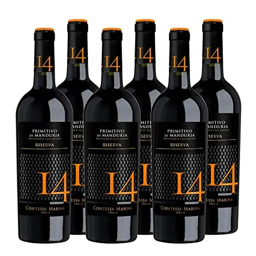 Primitivo di Manduria DOC Riserva 14 Contessa Marina - Halbtrockener Rotwein - Exzellenter Rotwein aus Apulien mit intensiven Aromen von Kirschen und Pflaumen. Ideal zu Wildgerichten oder würzigem Käse, perfekt für genussvolle Abende.