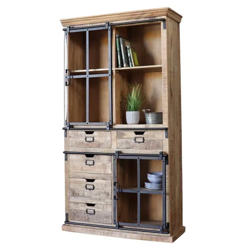 baario Vitrine Schrank FINE - Vintage Massivholz & Eisen mit Schiebetüren - Vitrinenschrank aus massivem Mangoholz und Eisen im Industrial Design. Robust und einzigartig mit feinen Metallbeschlägen, ideal für stilvolle Ordnung in jedem Raum.