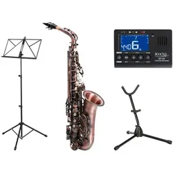 Classic Cantabile AS-450 Antique Red Altsaxophon Set - Elegantes Alt-Saxophon in Antique Red, ergonomische Klappenmechanik für einfachen Spielkomfort. Das Set enthält Zubehör wie Notenständer und Metro-Tuner – ideal für Einsteiger und Fortgeschrittene.