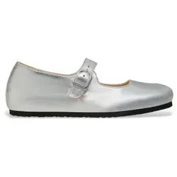 Birkenstock für Damen. 1030072 Santa Clarita Ballerina-Pumps aus silbernem Leder (39), Wohnung, Schnalle, Lässig