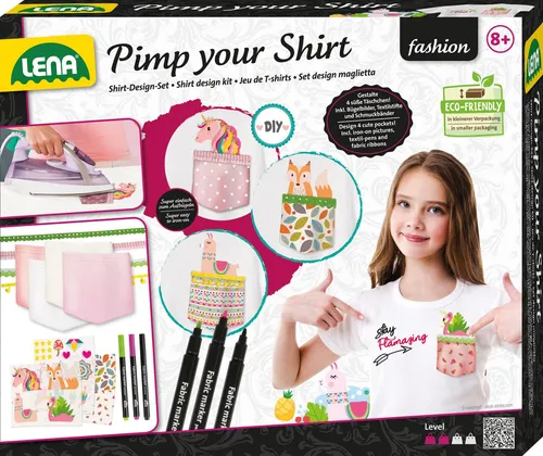 Lena® Kreativset Pimp your Shirt - Shirt-Design für Kinder - Gestalte dein eigenes Shirt mit dem LENA® Set! Enthält alles für kreative Designs: Textilstifte, Aufbügel-Taschen und viele Motive. Ideal für Kinder ab 8 Jahren, inklusive bunter Aufbewahrungsbox.
