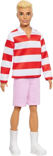 Barbie Fashionistas Ken-Puppe Nr. 241 in rot-weiß gestreiftem Oberteil und rosafarbener kurzer Hose mit weißen Sneakern, blond, Modepuppe, Männlich, 3 Jahr(e), Junge/Mädchen, 300 mm, 174 g