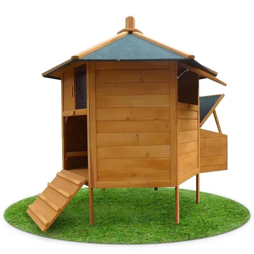 Hühnerstall 6-Ecken XXL - Geflügelhaltung: Geräumiger Hühnerstall aus Holz mit außen zugänglichen Eiablagen und praktischer Treppe, ideal für glückliche Hühner und einfache Pflege.