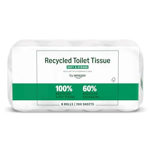 by Amazon Recyceltes Toilettenpapier, 100% recycelte Fasern, 3-lagig, 200 Blatt, 8 Rollen (1 Pack à 8 Rollen), FSC-zertifiziert